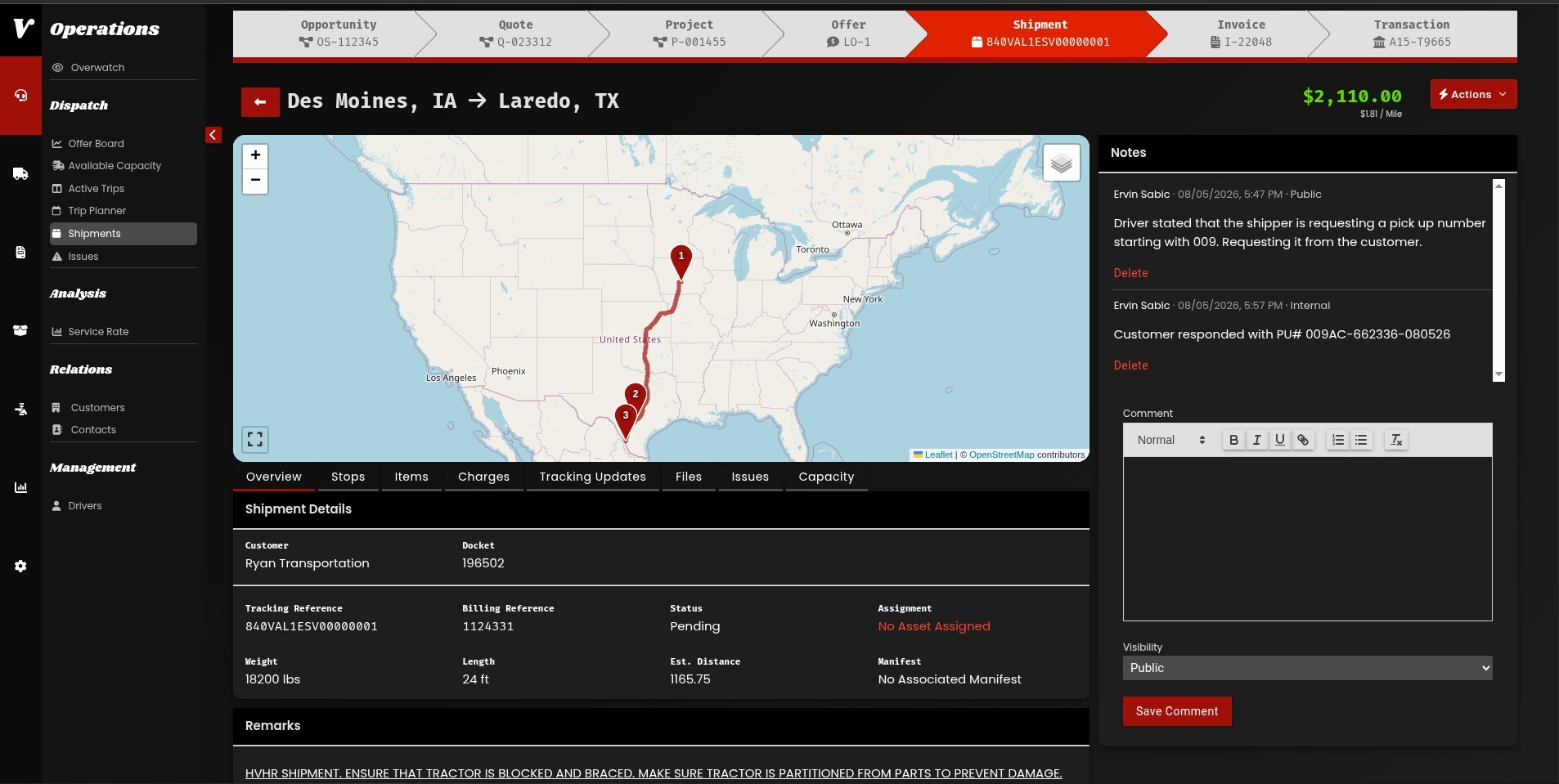Valiant TMS shipment showing a map with a route from Des Moines Iowa to Laredo Texas.